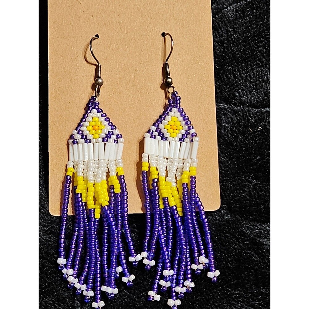 NATIVE AMERICAN MADE 3 in. PURPLE/YELLOW/WHI BEADED EARRING W/STERLING EAR HOOKS